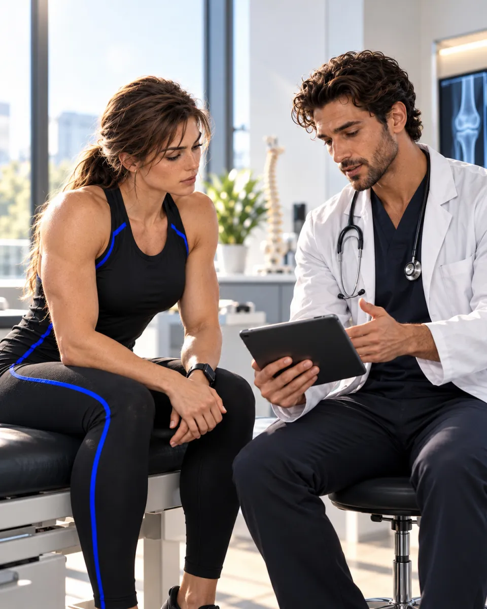 Médico mostrando um resultado no tablet para a paciente no consultório